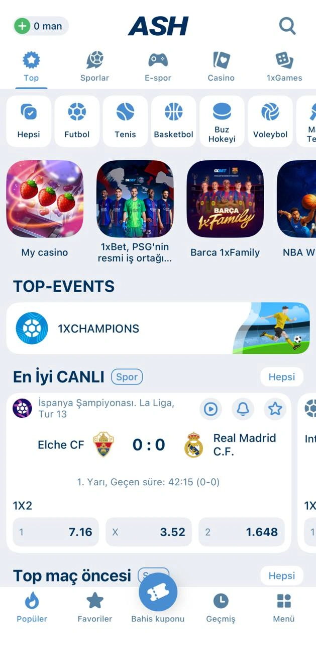 Resmi 1xbet app ana ekranı