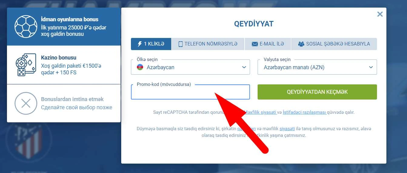 1xBet kayıt formu