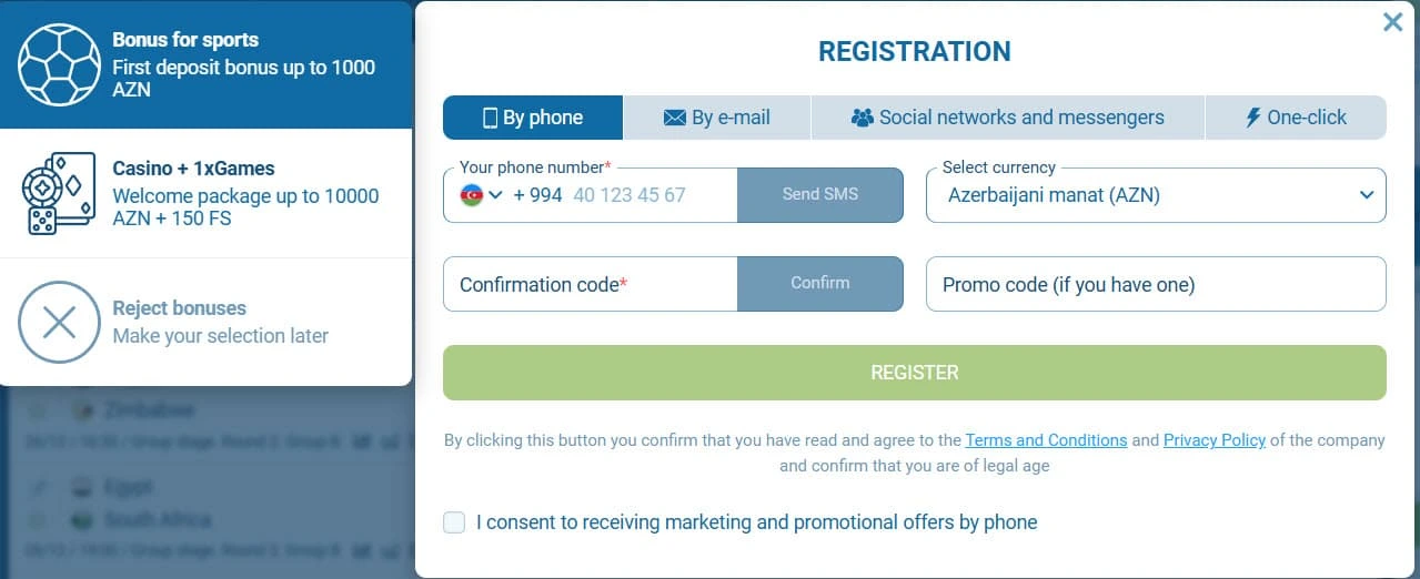 1xBET registration popup