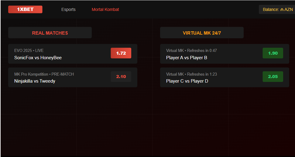 Mortal Kombat lobby at 1xbet 